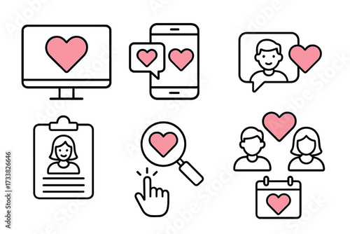 Online dating vector icon set for app and website. Romance, find love and relationship concepts. Includes user profile, chat, search, match, and successful couple icons.