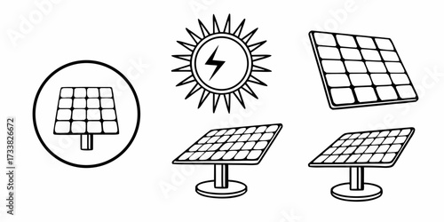 Illustration showing solar panels in different styles and sun with lightning bolt for energy production