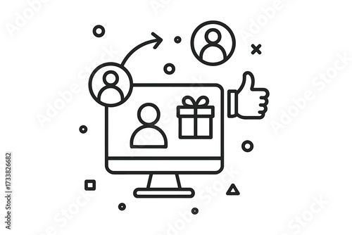 Referral program and affiliate marketing thin line vector icon. Refer a friend online business concept. Customer loyalty and reward program for inviting friends to earn prizes.