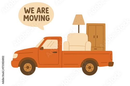 Moving day concept with a pickup truck loaded with furniture. Relocation or new home announcement. Car transporting an armchair, lamp, and cupboard. Flat vector illustration.