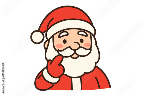 Santa Claus cartoon smiling, Christmas character illustration, red suit, white beard, festive holiday icon, touching face gesture, joyful emotion, transparent background, seasonal vector art
