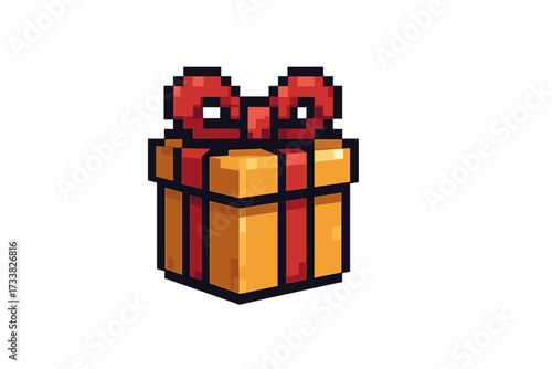 Pixel art gift box icon. 8-bit retro gaming style present with red ribbon. Surprise bonus or reward for video game. Vector illustration for birthday, holiday or e-commerce.