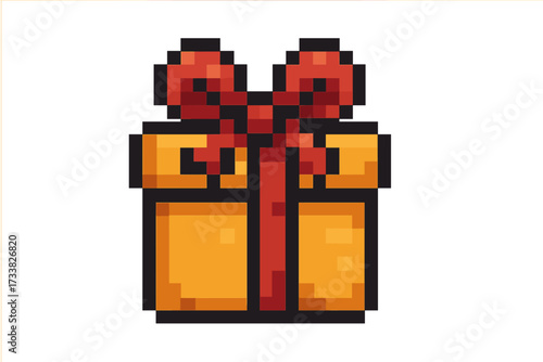 Pixel art gift box icon, 8-bit retro video game asset. E-commerce present symbol for online shopping, reward program, or bonus level. Vector graphic for birthday surprise.