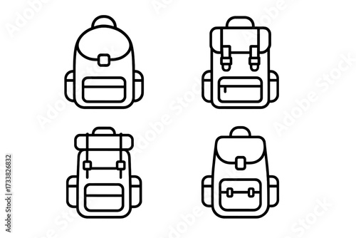School backpack icon set, travel hiking rucksack, camping gear bag, adventure luggage outline, schoolbag vector illustration, editable stroke, infographic, flyer, book, banner design resource