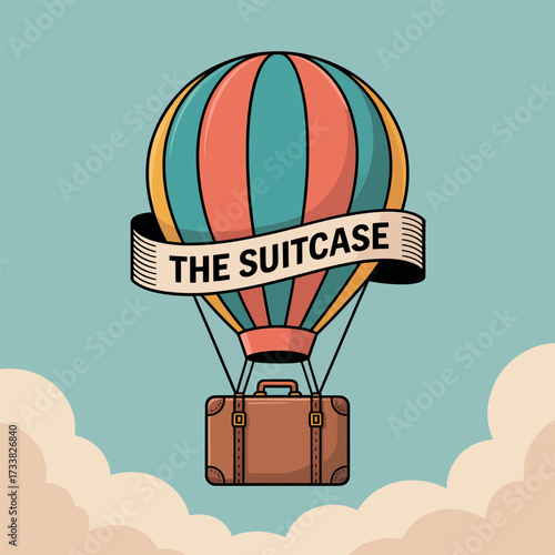 Hot air balloon with suitcase, travel adventure emblem, vacation journey symbol, whimsical wanderlust logo, retro style vector illustration
