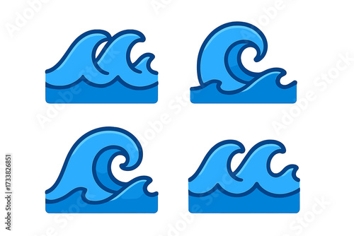 Wave icon set. Sea, ocean water symbol collection. Blue waves vector illustration. Simple flat cartoon graphic design element for logo. Surf, tide, tsunami, aqua flow concept.