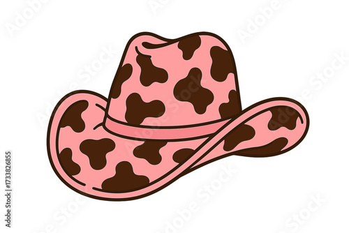 Pink cowgirl hat, cow print pattern. Western wear fashion illustration. Wild West cowboy accessory for a bachelorette party or country music festival. Ranch life graphic. Vector.