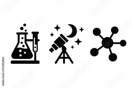 Science themed vector icons collection showing chemistry lab glassware, astronomy telescope with moon and stars, and molecular structure in black silhouette style for educational concepts