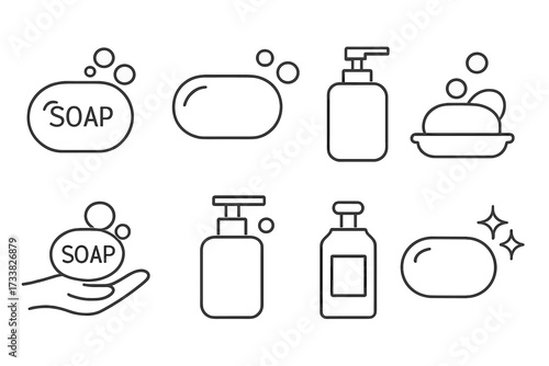 Cleanliness hygiene soap icons. Minimalist linear pictogram set. Hand wash sanitizer bar dispenser bubbles, sparkling clean. Graphic design for web, apps, banners, social cards. Vector illustration.
