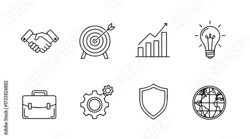 Collection of business icons handshake target graph lightbulb briefcase gear shield globe concept art vector