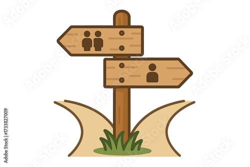 Fork in the road signpost concept, choice direction arrows, together or alone decision, group vs solo journey, motivation, leadership, togetherness or independence, isolated vector illustration