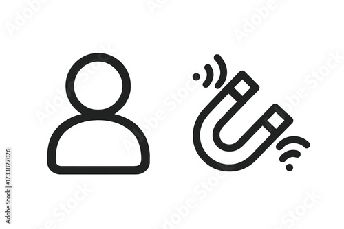 User attraction magnet icon concept, minimalist vector illustration, user profile and magnet symbols, lead generation, customer retention, influencer marketing, black outline, isolated graphic