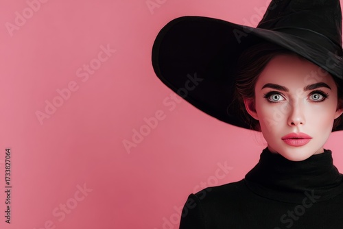 Elegant Young Woman Wearing Black Turtleneck and Large Witch Hat Against Pink Background