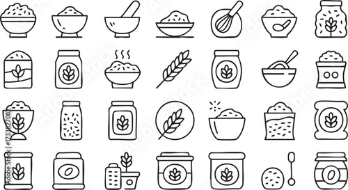 Healthy grocery and organic food storage vector icons with grain and flour