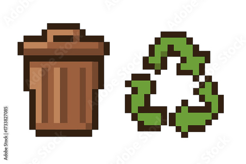 Vector pixel art icon set with recycle symbol and trash can. 8-bit retro style for gaming. Green energy, ecology, environment protection, waste sorting and sustainability.