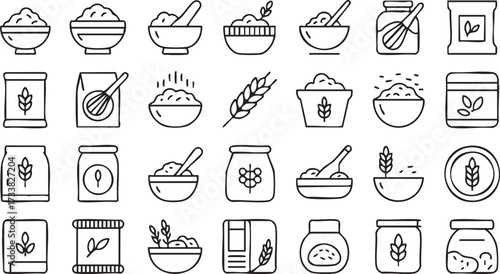 Nutrition and cooking ingredient vector illustration set with bowls and seeds