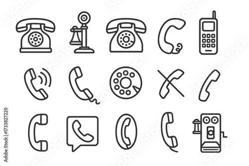 Telephone line icon set vector. Phone communication pictogram collection. Retro rotary phone, vintage candlestick telephone, old mobile phone and handset symbol illustration.