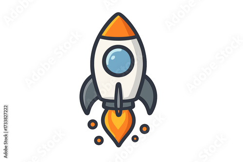 Cartoon rocket launch icon. Futuristic startup symbol. Technology innovation vector illustration. Space travel concept. Transparent background. Entrepreneur business metaphor. Modern design art
