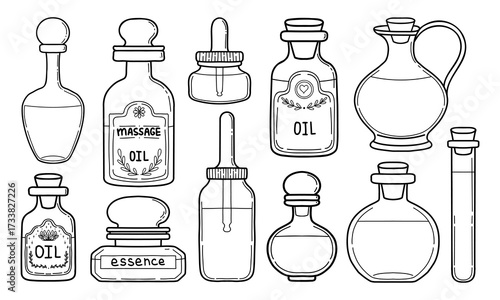 Hand drawn essential oil bottles with blank labels vector collection. Vintage apothecary flasks for design