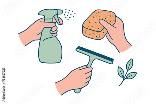 Spring cleaning eco-friendly hand tools spray bottle sponge window squeegee halftone textured collage vintage style leaves cute cartoon vector illustration for household sanitation concepts