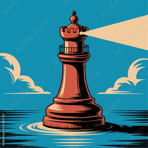 Lighthouse rook chess piece, coastal waves background, nautical strategy emblem, maritime leadership symbol, bold vintage vector
