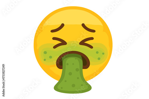 Sick vomiting emoji. Nausea emoji face. Unwell feeling emoji vector. Puking emoticon with green mouth. Illness, disgust, gross, repulsion concept. Vector illustration isolated. Cartoon emoji icon.