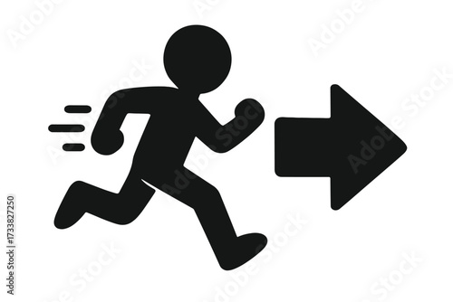 Running person icon silhouette vector illustration, cartoon style, fast movement, right arrow, speed, action, escape, sports, workout, urgency, exercise, isolated on white background