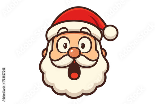 Surprised Santa Claus cartoon character icon, astonished festive face, red hat, white beard, round eyes, Christmas holiday illustration, vector art for greeting cards and decorations