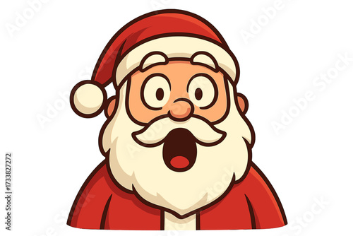 Surprised Santa Claus cartoon vector illustration, astonishment expression, festive Christmas character icon, joyful holiday mascot, traditional red hat, white beard, transparent background