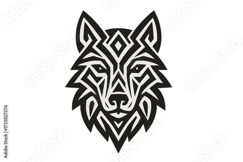 Geometric stylized wolf head illustration. Tribal abstract animal icon. Polygonal linear vector wolf design. Symmetrical black and white graphic. Wild predator face logo. Modern tattoo concept art.