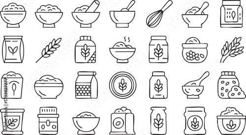 Organic grain and healthy food ingredient vector icons with wheat and flour jars