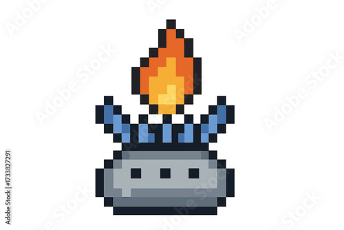 Pixel art gas burner icon. 8-bit style vector illustration of a camping stove with flame. Retro gaming asset for energy, heat or cooking. Isolated on transparent background.