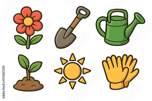 Gardening icons set with flower, shovel, watering can, and plant. Vector cartoon illustration of sun and gloves. Agriculture hobby tools collection for spring and nature themes.
