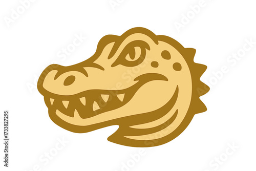 Stylized alligator head icon illustration. Vector glyph, tribal crocodile animal design with golden color. Cartoon reptile mascot logo. Wild aggressive predator face isolated on white background.