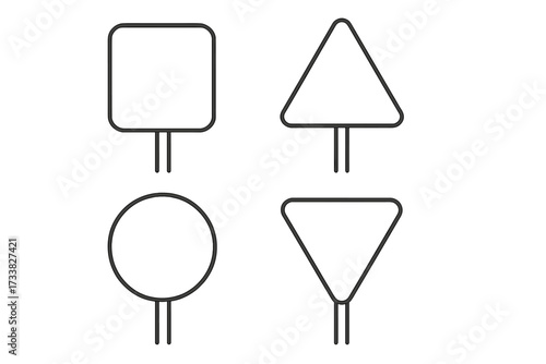 Linear traffic road sign icon set collection. Square, triangle, circle, inverted triangle sign. Outline stroke style. Cartoon vector illustration. Transparent background. No text symbols. Stock image