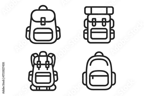 Backpack and schoolbag outline icon set, hiking backpack, travel rucksack, camping gear, tourist pack collection, editable stroke vector for infographics, articles, books, banners, flyers, web