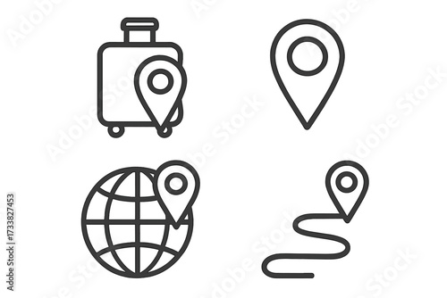 Travel icon set with location pin. Marker on globe, journey route, and suitcase. GPS navigation and destination concept. Linear outline vector symbols for tourism and mapping.