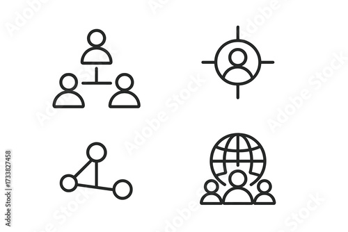 Set of business icons. Teamwork, organization chart, hierarchy, and target audience. Global community, social network, and connection concept. Human resources line icons.