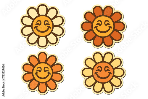 Groovy daisy flowers with retro faces collection. Happy chamomile smiles in 70s style. Cute cartoon character mascot set for stickers. Hippie floral power emoticon vector.