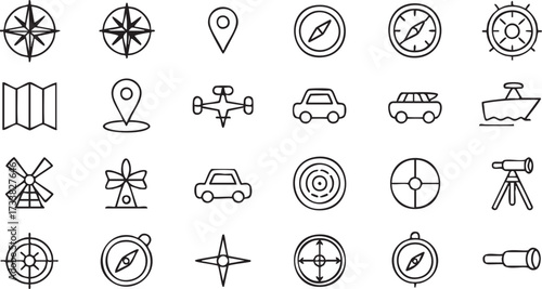 Travel map and navigation pin vector symbols for journey and adventure graphics