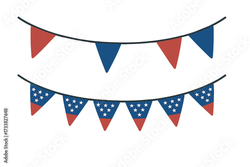 Patriotic USA bunting decoration, vector flags with stars and stripes, red white blue garland for July 4th, Independence Day, Memorial Day, festive event, party, flat holiday pennant illustration