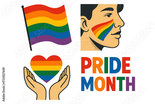 Vibrant Pride Month posters set featuring LGBTQ rainbow flag, rainbow heart held by hands, and bold colorful Pride Month typography celebrating human rights, inclusivity, tolerance, and love
