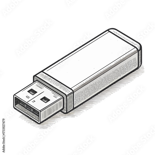 Elegant monochrome vector drawing of a USB flash drive, rectangular shape with visible connector, minimal design for tech icon or digital storage concept.