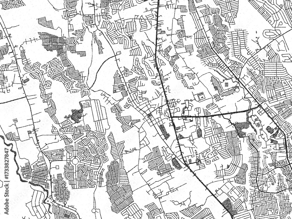 Fototapeta premium Hand-drawn style black and white city map of Dasmarinas, Philippines, with detailed streets and textures.