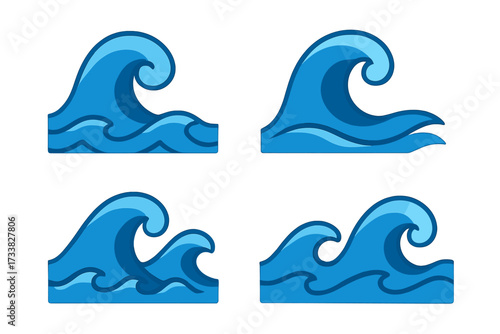 Ocean wave vector icon set. Flat cartoon style water wave illustrations. Blue sea surf crest, ocean swell and splash. Isolated transparent background. Maritime, nautical, aquatic symbol pack.