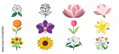 Diverse Floral Collection | Stylized Flowers Vector Set in Various Colors and Forms
