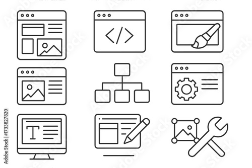 Website development icon set. Web design, coding, interface customization, site map, content management, graphic editor, responsive layout, user interface tools, vector outline illustrations.