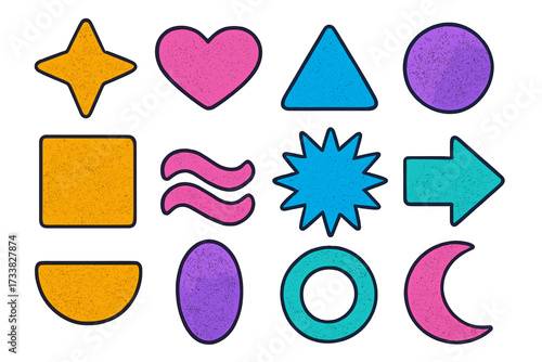 Y2K trendy bold geometric shapes set with halftone dotted textured cartoon style, isolated vector illustrations, colorful star heart triangle circle square half moon arrow design