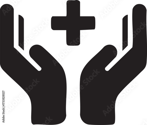 Emergency medical help vector icon with hands and healthcare cross