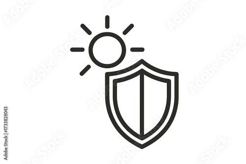 Sun icon and protective shield linear symbol for sunscreen, UV protection, sun safety, skincare, health, summer products, sunblock, weather, security, vector cartoon illustration, graphic design asset